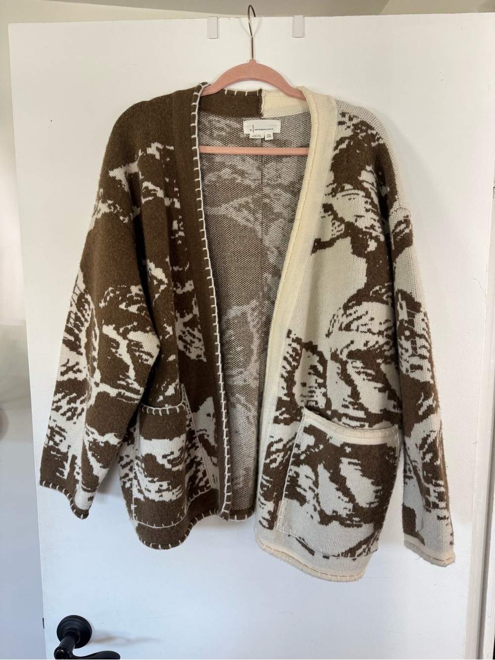 Anthropologie Brown & Cream Patterned Open-Front Cardigan